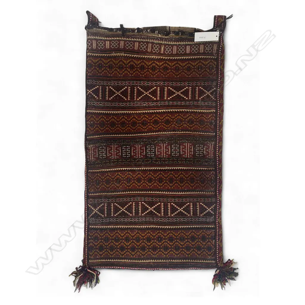 Bag – wool/ goat, - flatweave/knitted - Beluch/Uzbek stripe panel - tassled bottom corners. 90.5 x 51cm Image 1++